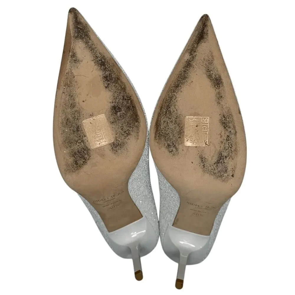 Jimmy Choo Love 85 White Coarse Glitter Heels EU 40.5 Slip On Wedding Pumps